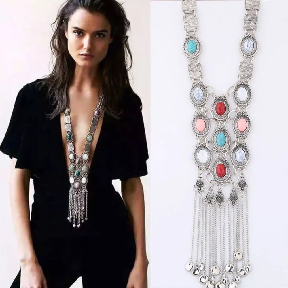 Silver Statement Necklace Maximalism Jewelry Multicolor Stones Antique Silver